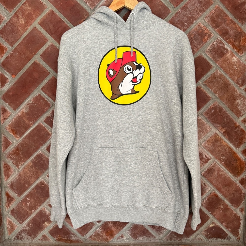 Buc-ees Gray Hoodie Sweatshirt Adult Size Medium Beaver Logo
